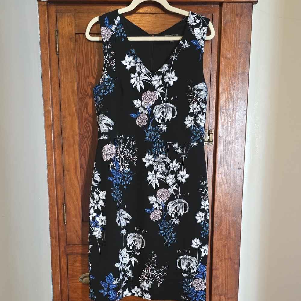 Banana Republic Black Floral Midi Dress with Blue and White Accents